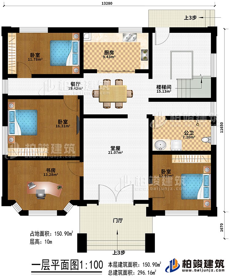 一层：门厅、堂屋、餐厅、厨房、楼梯间、3卧室、书房、公卫